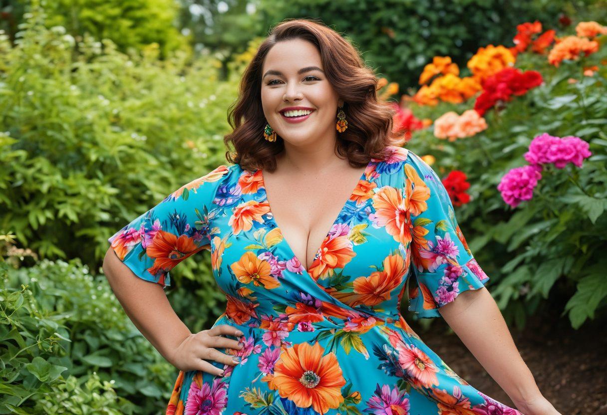 A joyful full-figured woman confidently posing in a vibrant garden, adorned in a colorful, flowing dress that accentuates her curves. Surround her with blooming flowers and lush greenery to symbolize beauty and empowerment. Capture her radiant smile and expressive body language that reflects positivity and self-love. Emphasize warm, bright colors for an uplifting atmosphere. super-realistic. vibrant colors. 3D.