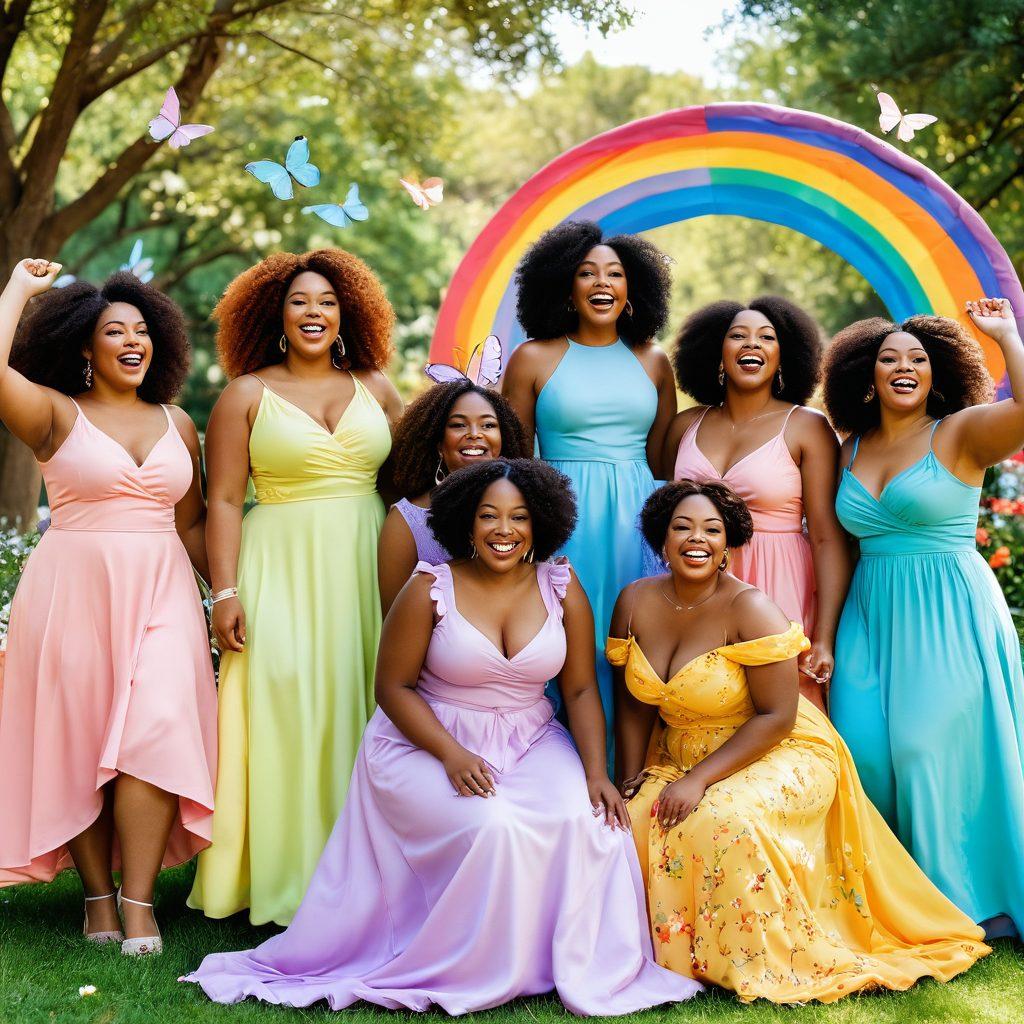 A radiant gathering of diverse curvy women celebrating in a sunlit park, adorned in colorful dresses and laughter-filled expressions, surrounded by blooming flowers and soft pastel hues. Their poses exude confidence and joy, capturing the essence of beauty in all shapes and sizes. Artistic elements such as whimsical butterflies fluttering around and a vibrant rainbow in the background amplify the theme of joy. super-realistic. vibrant colors. soft focus.
