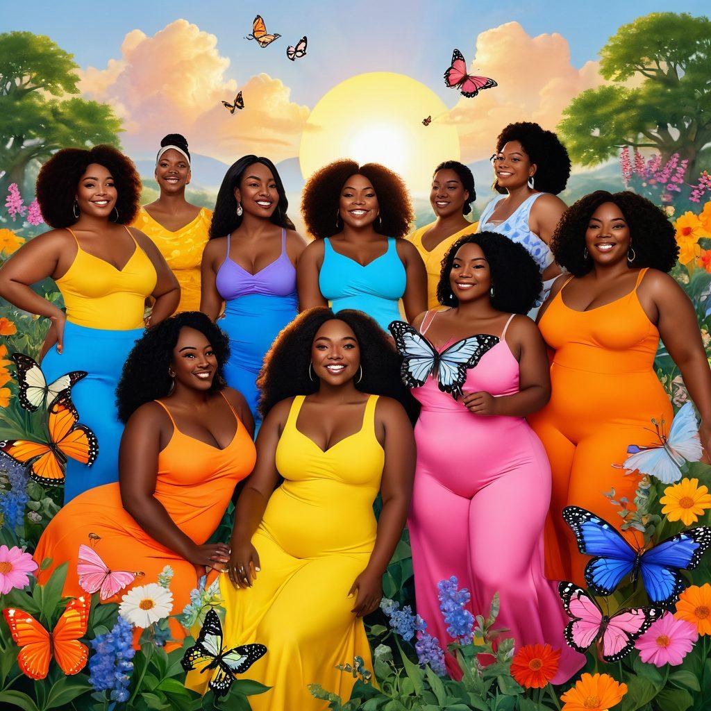 A vibrant landscape featuring diverse individuals celebrating body positivity, showcasing their curves with confidence and joy. Include elements of nature like flowers and butterflies that symbolize growth and acceptance. The scene should exude warmth and happiness, with soft, inviting colors. Add a glowing sun setting in the background to signify a beautiful journey towards self-love. super-realistic. vibrant colors. soft focus.